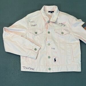 Polo Ralph Lauren Pink Pony Denim Jacket Womens L Pink Embroidered All Over Flag